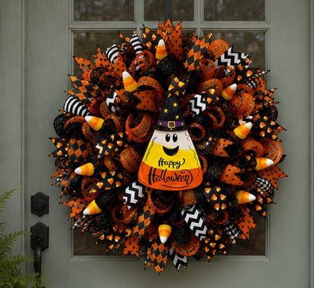 Candy Corn Halloween Wreath – Handmade Deco Mesh Front Door Wreath with Witch Candy Corn Sign