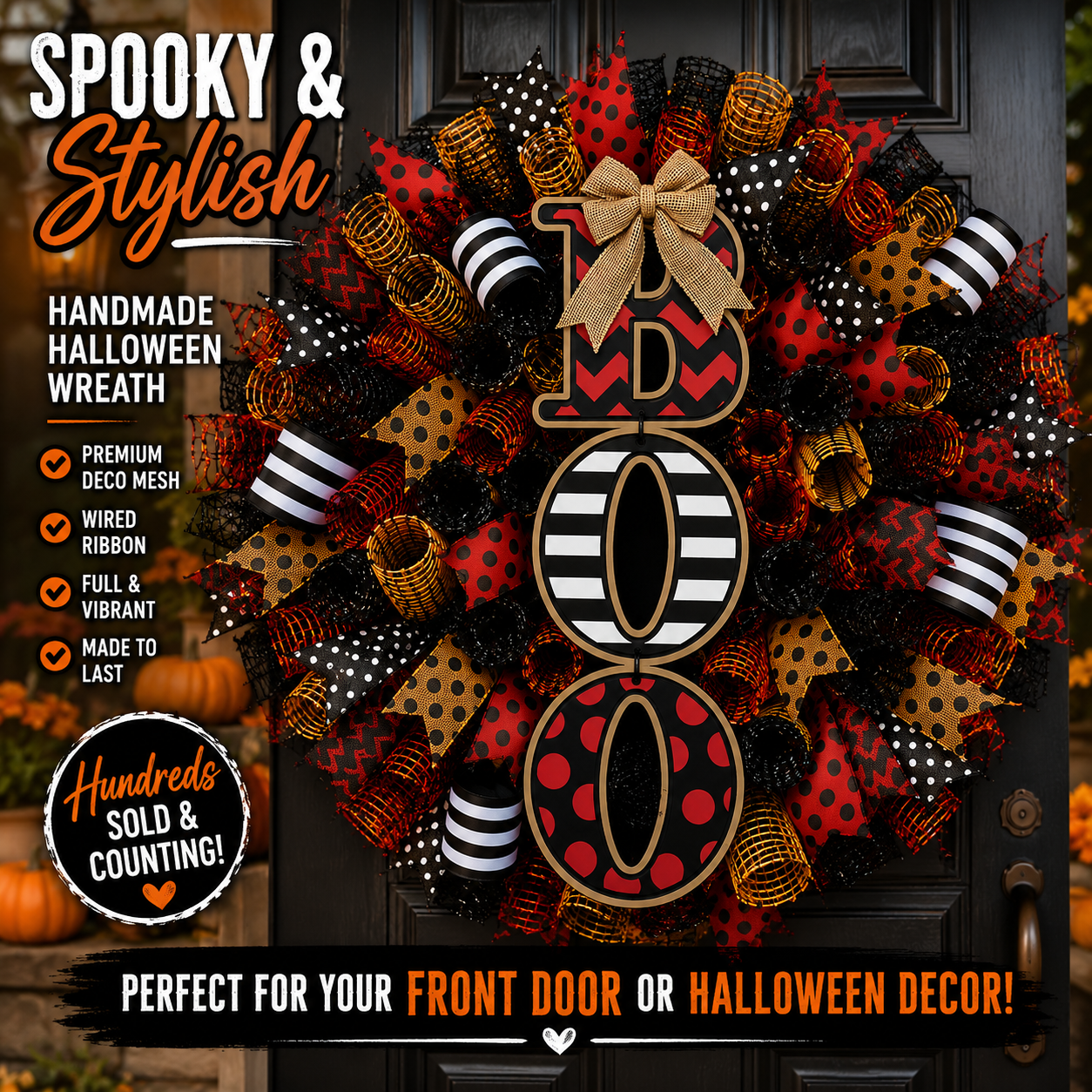 Luxury Halloween wreath with stacked BOO sign, premium black and red deco mesh, orange accents, and designer wired ribbons.