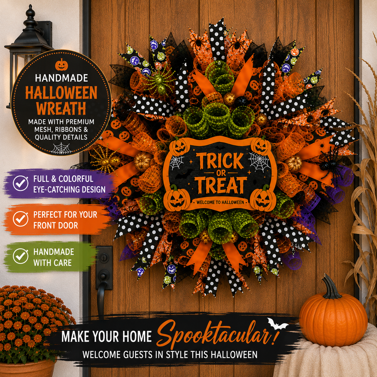 Premium Halloween wreath decorating an entryway with bright orange ribbons, black mesh, pumpkins, spiders, and colorful designer accents.