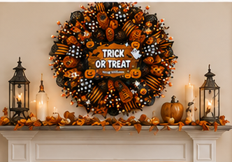 A large Halloween wreath with 'TRICK OR TREAT' lettering hangs on a beige wall above a mantel decorated with pumpkins, candles, and lanterns.