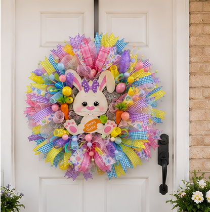 A colorful Easter-themed mesh wreath hanging on a white front door. The wreath features a white bunny face with pink ears, pastel pink and purple ribbons, blue gingham accents, orange carrots, and decorative eggs.