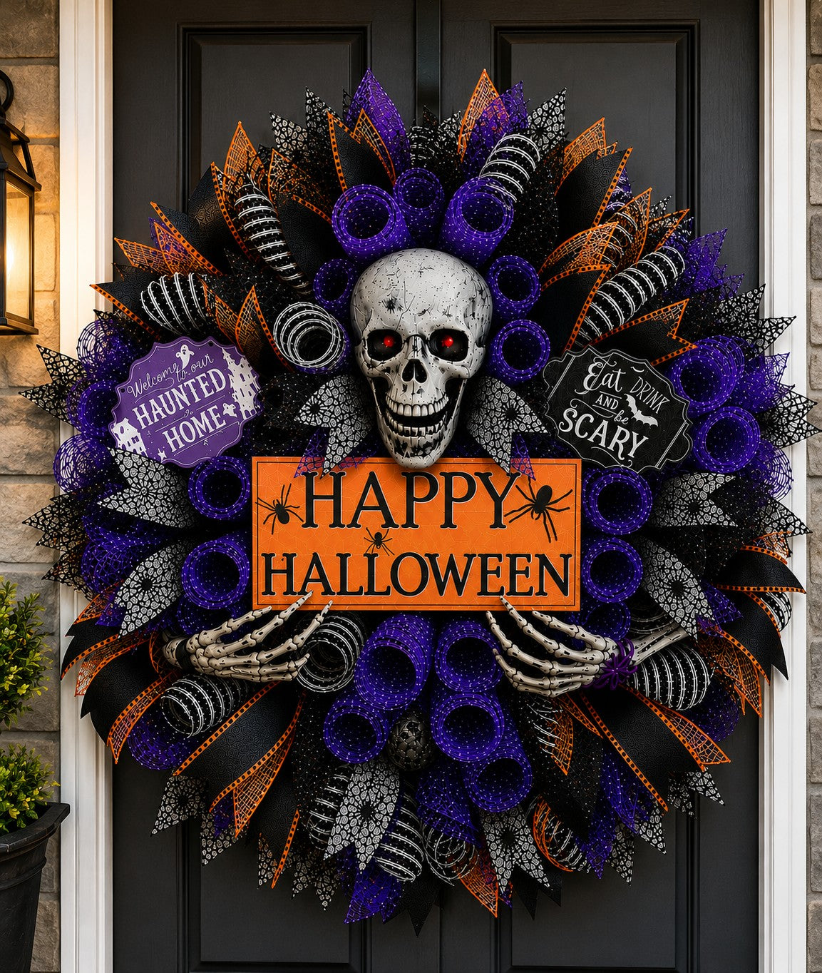 Handmade Halloween Skull Wreath – Purple, Black & Orange Front Door Decor