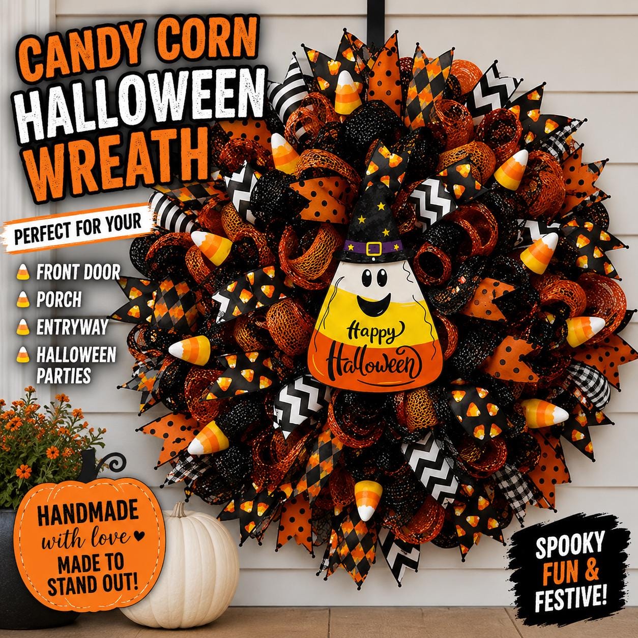 Candy Corn Halloween Wreath – Handmade Deco Mesh Front Door Wreath with Witch Candy Corn Sign