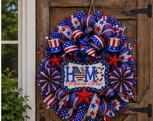 Patriotic wreath shown on a standard 36 x 80 inch front door for accurate size reference.