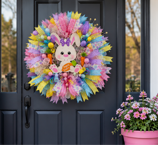 26-inch Easter Bunny wreath displayed on a standard 36 x 80 inch front door for accurate size reference.