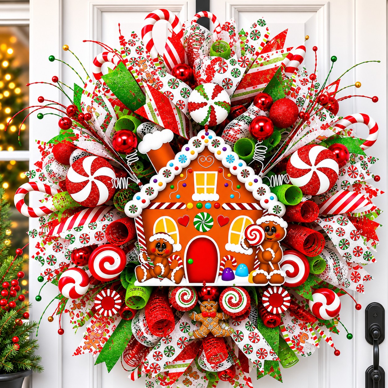 A 28-inch Gingerbread House Christmas wreath displayed on a standard 36-inch front door, showing realistic size and proportion for holiday decorating.