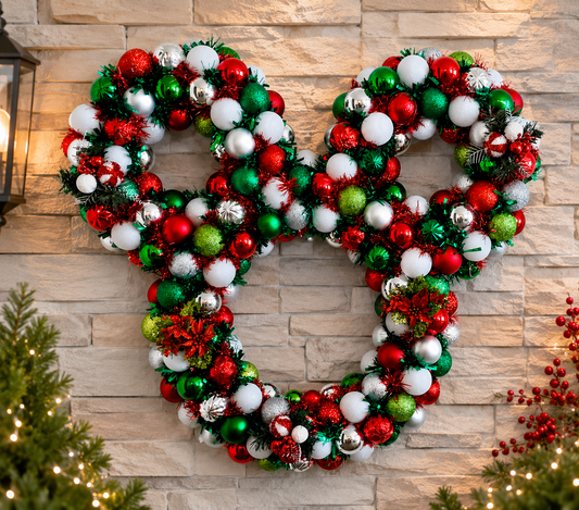 Oversized 32-inch handmade Christmas ornament wreath with battery-operated LED timer lights on a front door