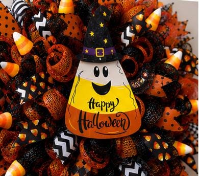 Candy Corn Halloween Wreath – Handmade Deco Mesh Front Door Wreath with Witch Candy Corn Sign