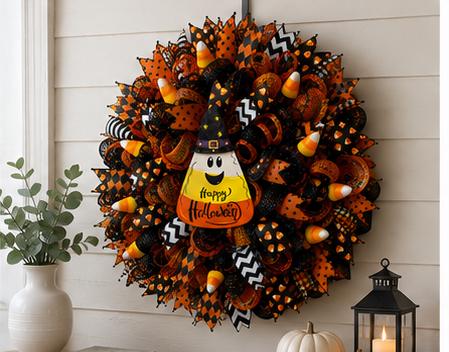 Candy Corn Halloween Wreath – Handmade Deco Mesh Front Door Wreath with Witch Candy Corn Sign
