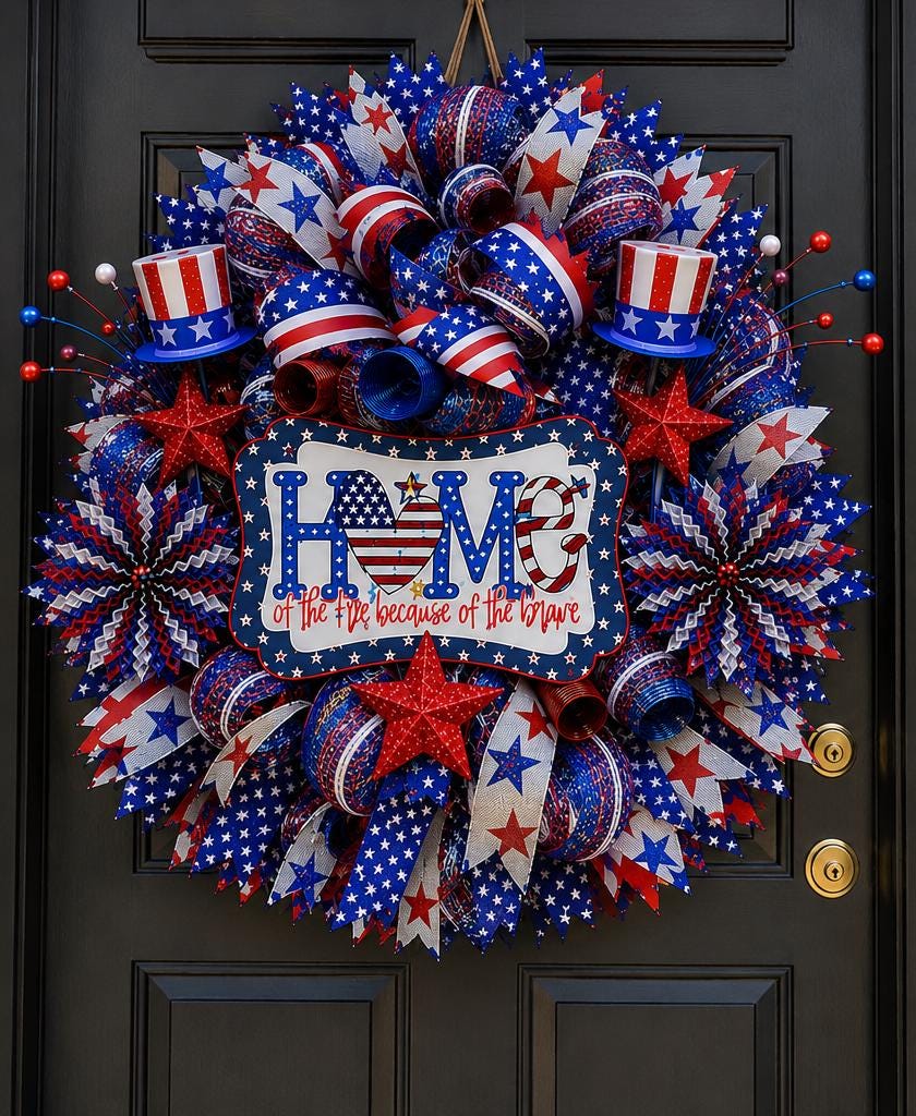 Patriotic deco mesh wreath displayed in a festive Independence Day home entryway.