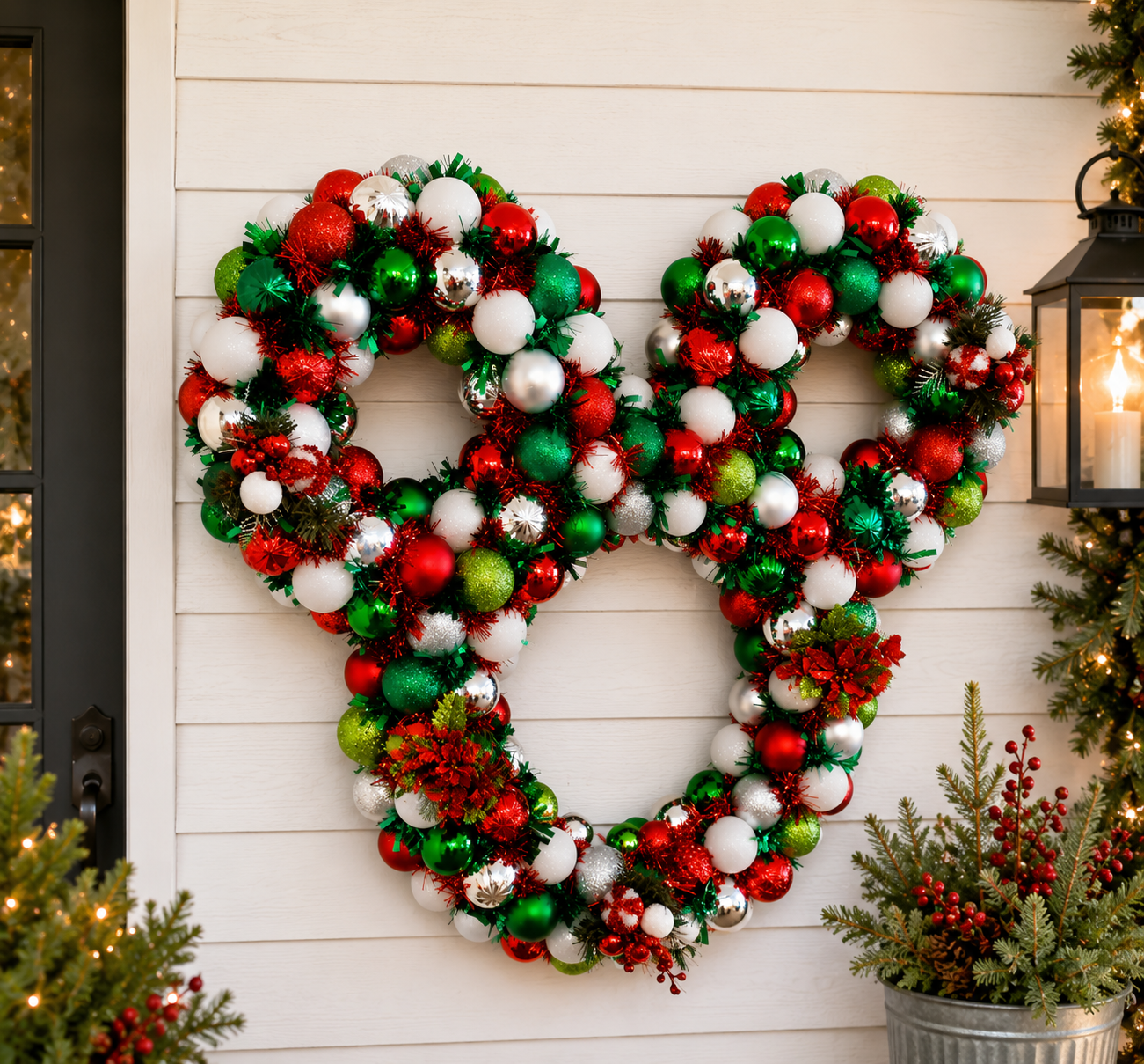 Side-angle view of a handmade red, green, white and silver ornament Christmas wreath