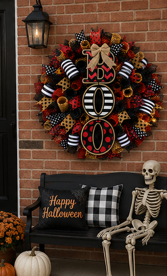 Decorative BOO wreath designed for covered porches, entryways, and front doors with rich Halloween colors.