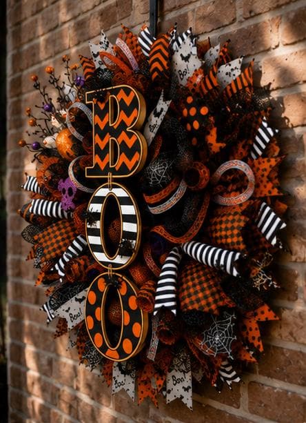 Large handmade Halloween wreath with BOO sign, black and orange deco mesh, striped ribbons, spider accents, and festive front door decor.