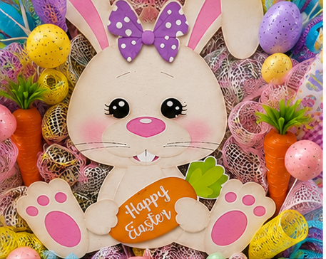 Close-up of the adorable bunny holding a Happy Easter carrot surrounded by colorful mesh and Easter eggs.