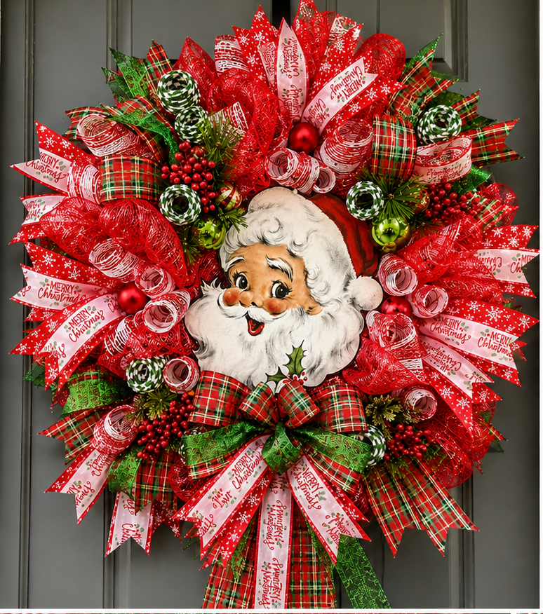 Large handmade Christmas wreath displayed on a beautifully decorated holiday entryway, perfect for seasonal decorating.