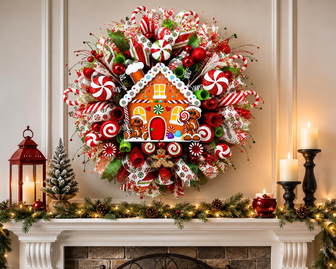 Handmade Gingerbread House Christmas wreath displayed above a decorated fireplace mantel with stockings, garland, candles, and festive Christmas décor.