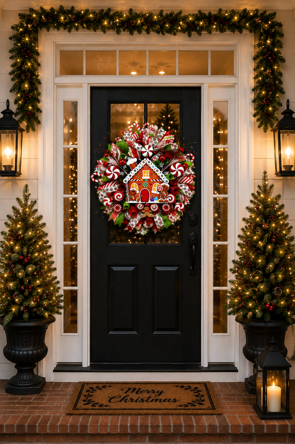 Luxury Christmas front door decorated with a handmade Gingerbread House Christmas wreath featuring candy-themed decorations, peppermint ornaments, and festive holiday ribbon.