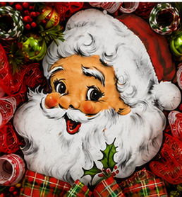 Close-up of a nostalgic Santa Claus centerpiece surrounded by premium Christmas ribbons, ornaments, berries, and deco mesh.