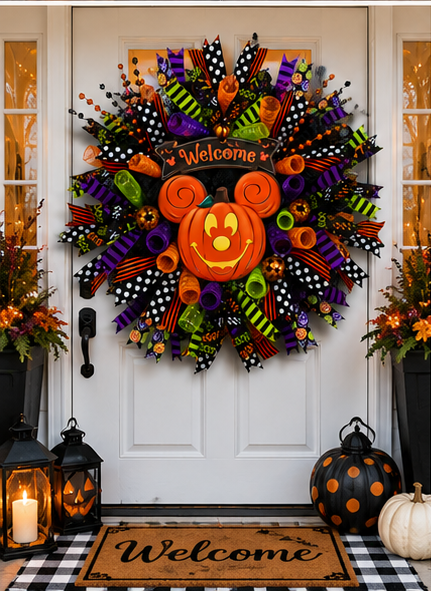 Large 26-inch Halloween wreath with premium deco mesh, designer ribbon, pumpkin centerpiece, and Welcome sign displayed on a front entry door.