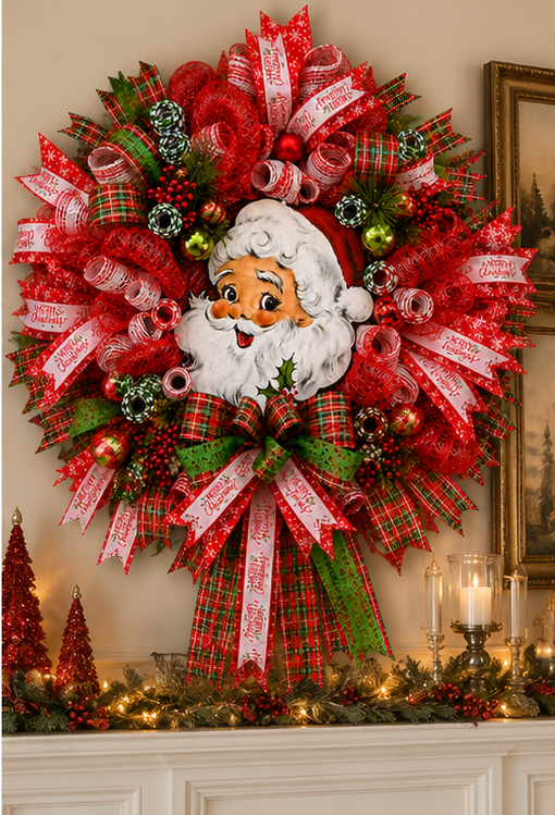 Handmade Christmas wreath featuring designer wired ribbons, festive red deco mesh, and elegant holiday accents.
