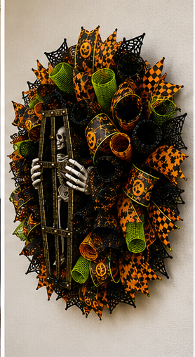 Angled view of a handmade Halloween skeleton coffin wreath showing layered deco mesh and designer ribbon details.
