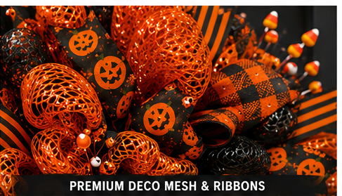 Close-up of premium orange and black striped ribbon, buffalo plaid ribbon, pumpkin ribbon, and orange sparkle deco mesh.