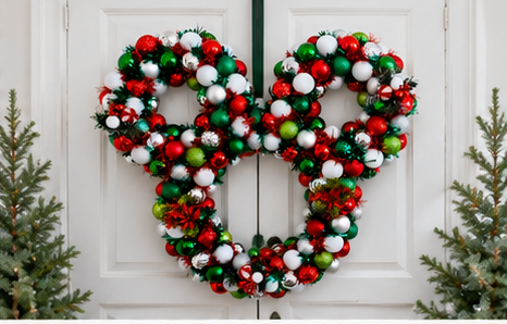 A festive Mickey Mouse-shaped Christmas wreath decorated with red, green, and white ornaments, hanging on a white paneled door with small evergreen trees on either side.