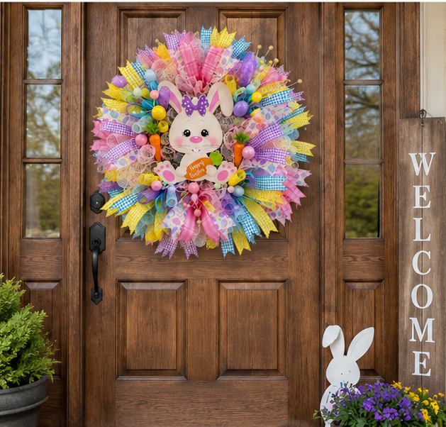 Colorful Easter Bunny wreath displayed in a bright spring entryway.