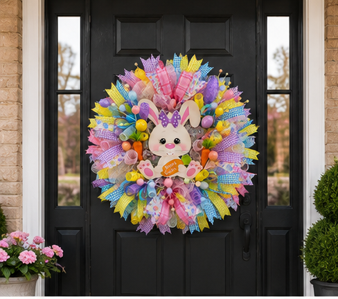 Handmade Easter Bunny wreath displayed on a standard 36 x 80 inch front door for spring decorating.