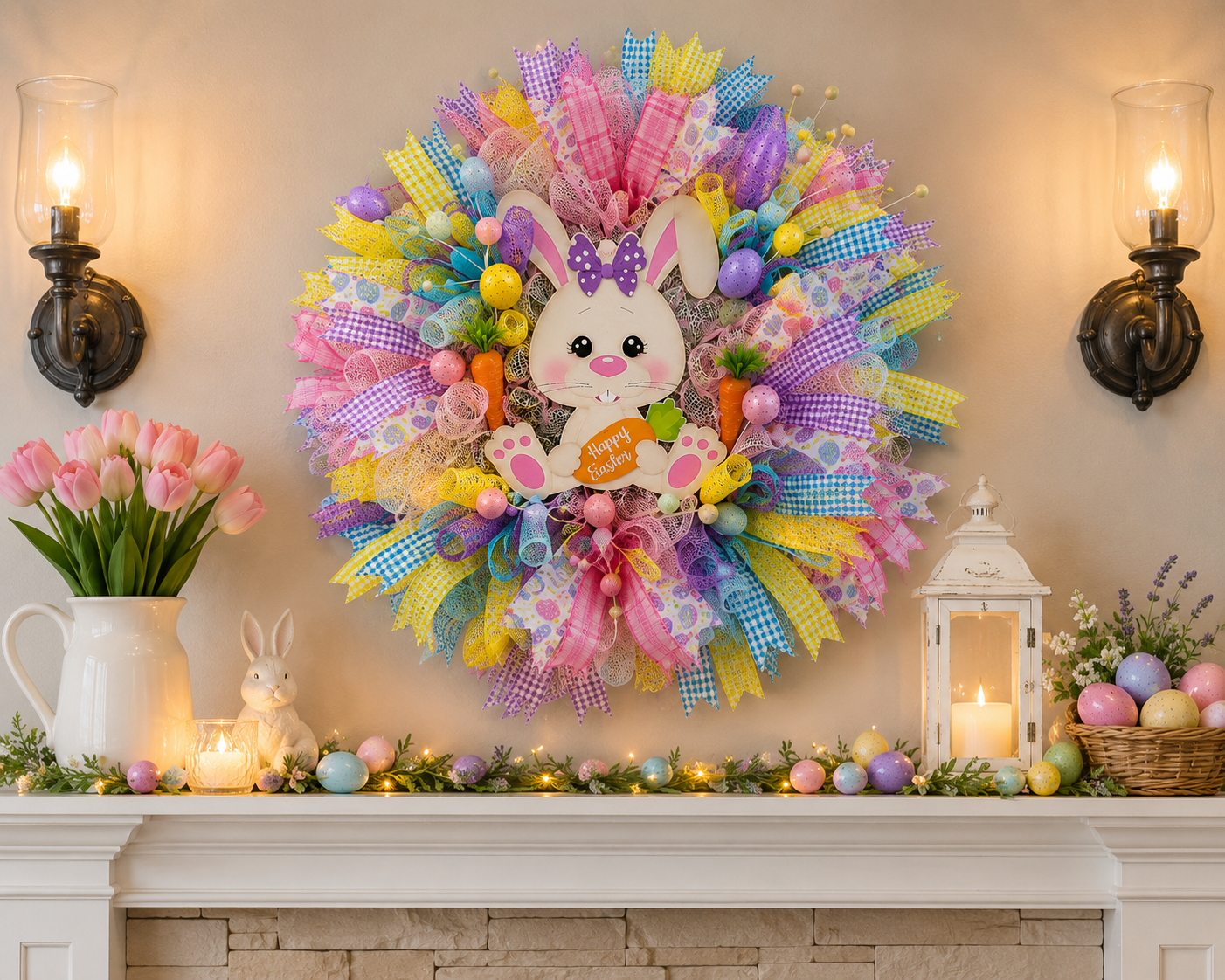 Handmade Easter Bunny wreath displayed above a fireplace mantel with spring décor.