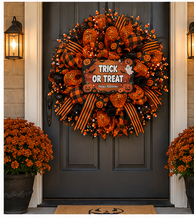 Trick or Treat wreath displayed in a decorated Halloween entryway with seasonal décor.