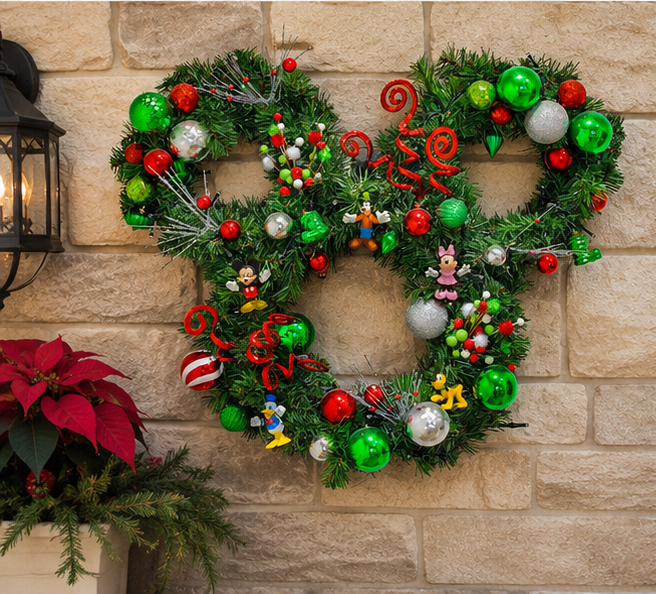 Large handcrafted Christmas wreath designed for front doors with vibrant ornaments, holiday greenery, and whimsical seasonal decorations.