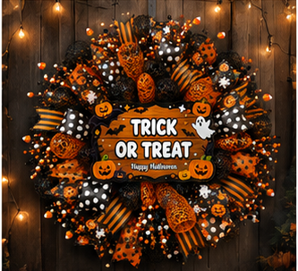 Trick or Treat wreath creating a warm and welcoming Halloween entryway display.