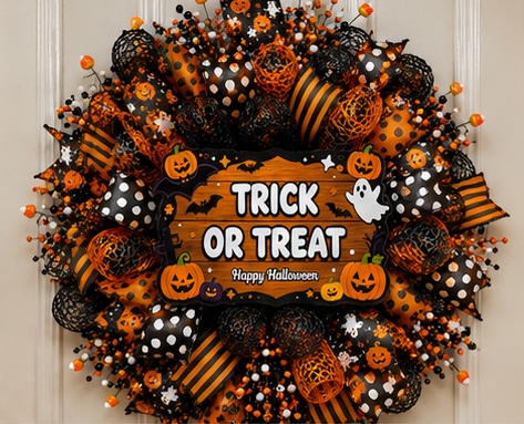 Trick or Treat wreath creating a warm and welcoming Halloween entryway display.