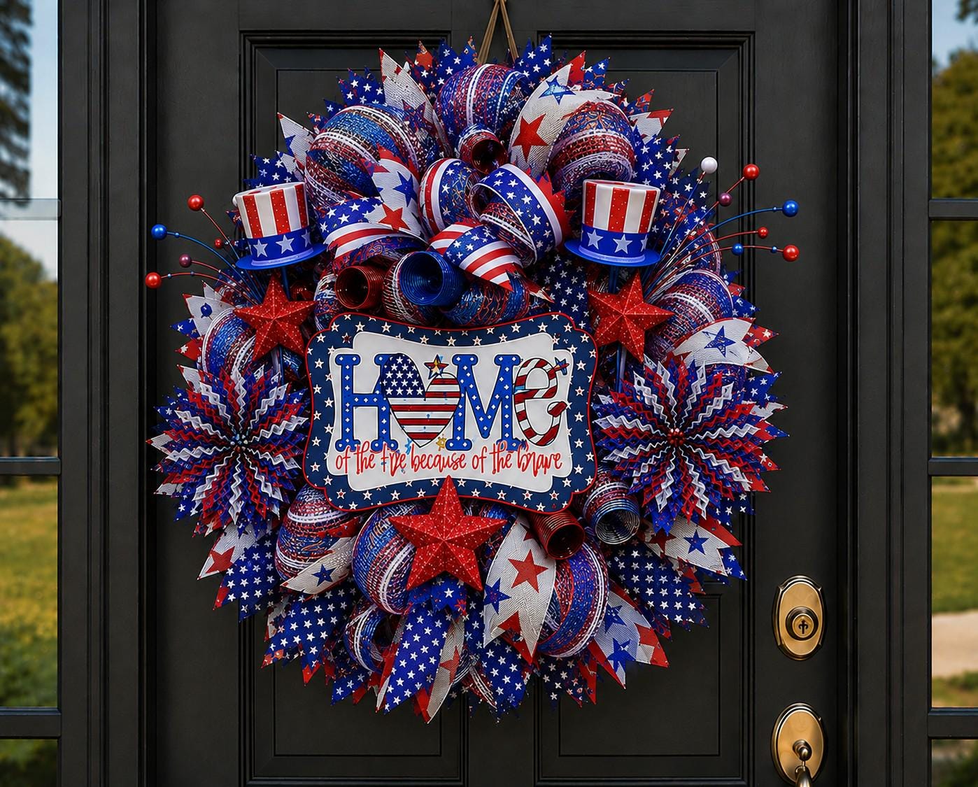 Patriotic wreath displayed on a black front door decorated for Independence Day.
