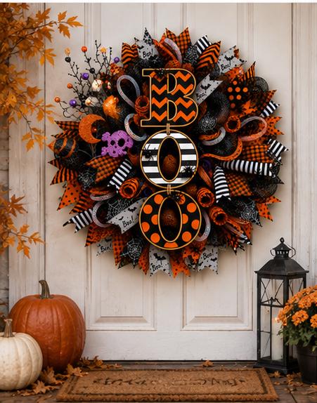 Black and orange handmade Halloween wreath with decorative BOO sign for front door, porch, entryway, and seasonal fall home decor.