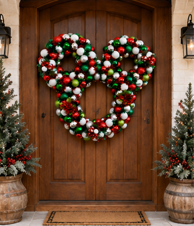 Large lighted Christmas wreath decorating a welcoming holiday front entry