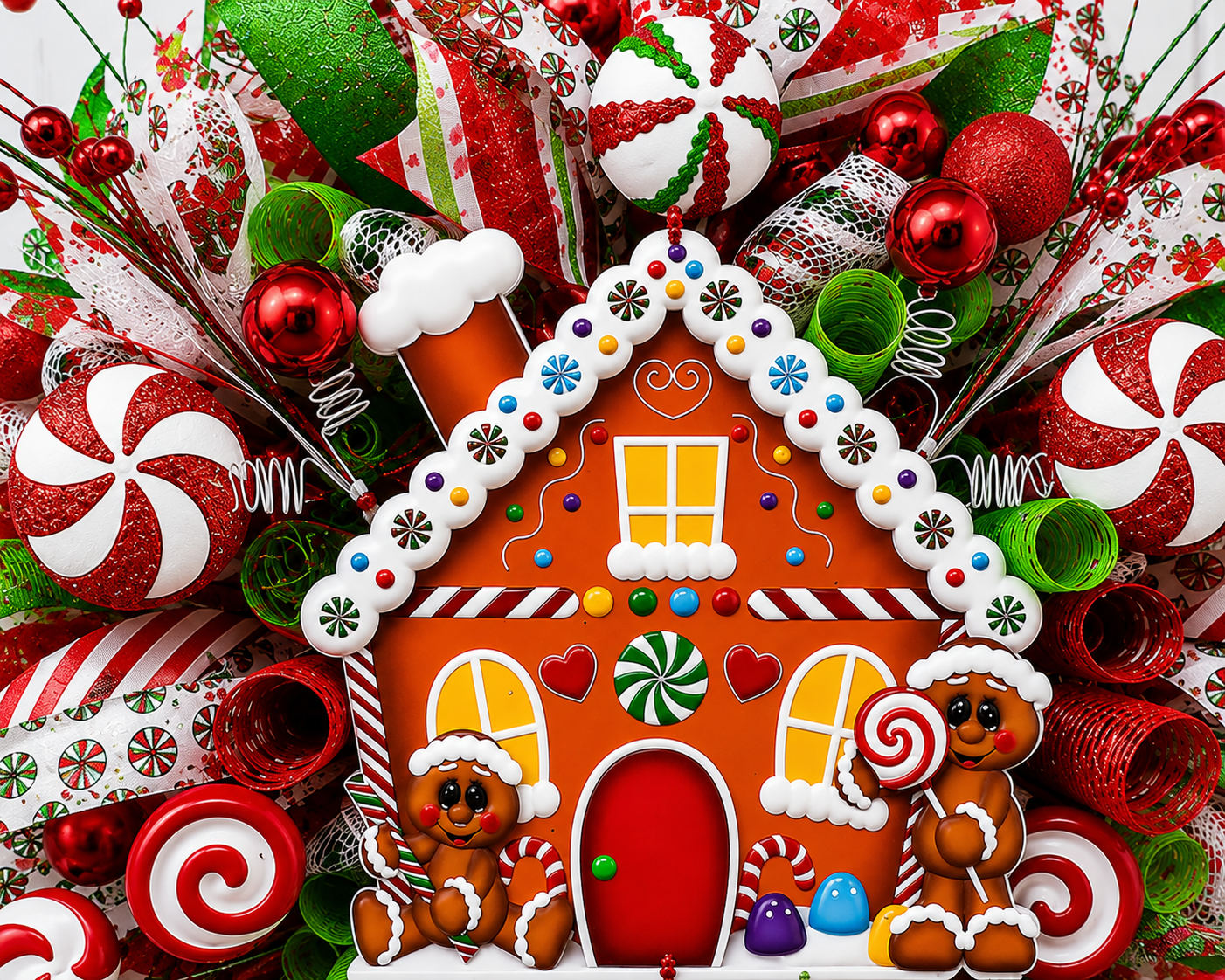 Close-up of the gingerbread house centerpiece, peppermint candy decorations, wired ribbon, and premium Christmas embellishments on a handmade holiday wreath.