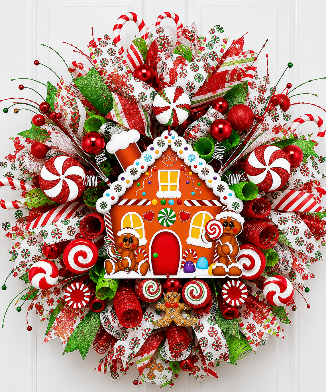 Handmade 28-inch Gingerbread House Christmas wreath featuring premium deco mesh, designer ribbon, peppermint candies, candy canes, festive ornaments, and a gingerbread house centerpiece displayed on a front door.