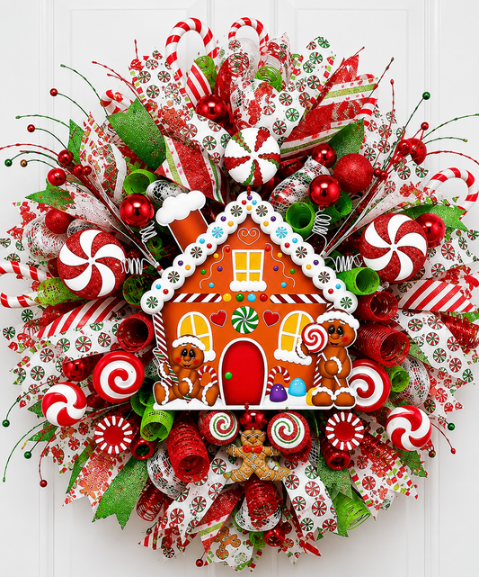 Handmade 28-inch Gingerbread House Christmas wreath featuring premium deco mesh, designer ribbon, peppermint candies, candy canes, festive ornaments, and a gingerbread house centerpiece displayed on a front door.