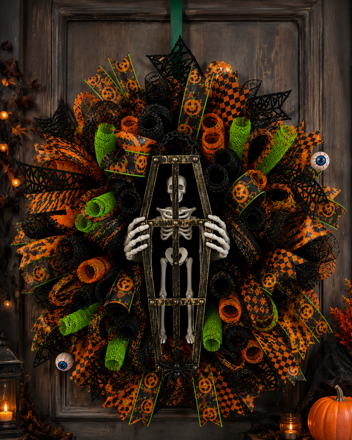 Gothic-inspired Skeleton Coffin Halloween Wreath featuring black, orange, and lime green Halloween décor designed for front doors, entryways, and covered porches