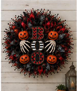 A round Halloween wreath with black and red bristle accents, four orange jack-o'-lanterns, two skeletal hands, and a central 'BOO' sign, displayed on a white wood plank wall with a lantern prop at the bottom right.