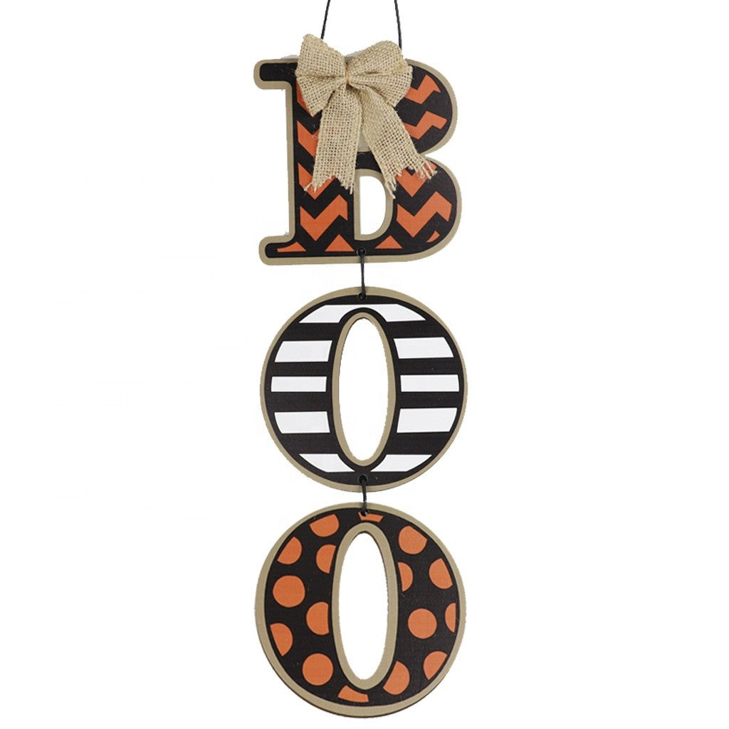 Handmade Halloween BOO wooden door hanger with black and orange chevron, striped and polka dot letters, rustic burlap bow, and farmhouse front door décor.