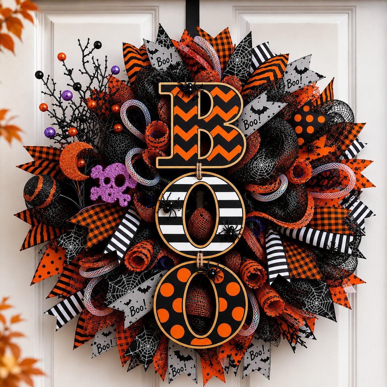 Large handmade Halloween wreath with BOO sign, black and orange deco mesh, striped ribbons, spider accents, and festive front door decor.