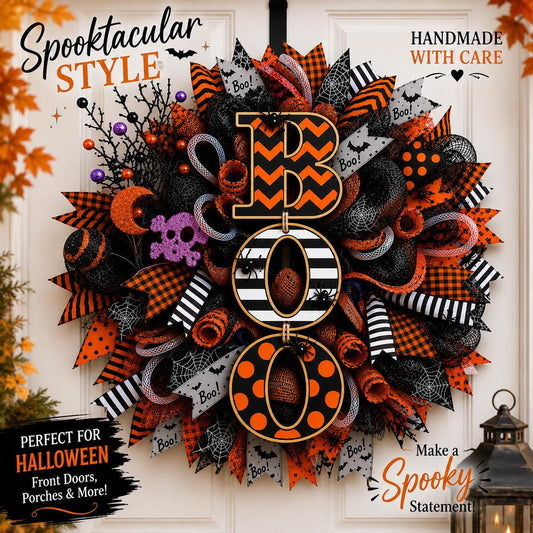 Handmade Halloween BOO wreath featuring black and orange deco mesh, premium designer ribbons, and spooky accents for front door Halloween decor.