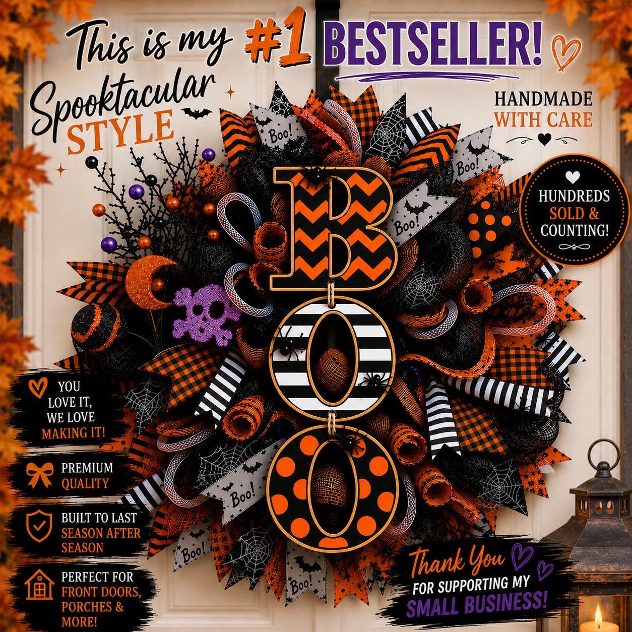 Halloween front door wreath with BOO centerpiece, premium deco mesh, designer Halloween ribbons, and black and orange seasonal decorations.