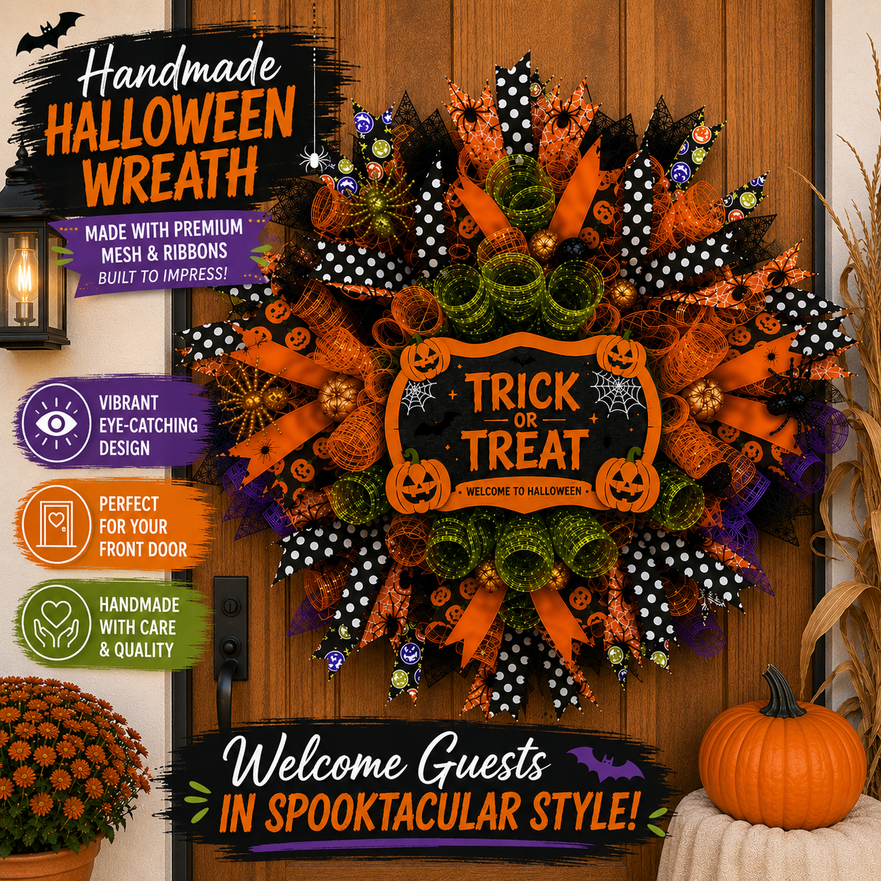 Designer Halloween deco mesh wreath featuring premium mesh curls, wired ribbons, Trick or Treat sign, and spooky seasonal decorations.