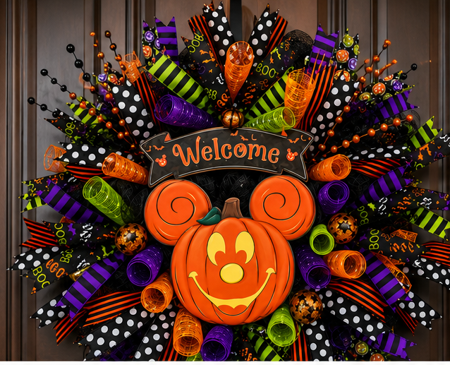 Detailed view of premium deco mesh curls, designer ribbon tails, and Halloween accents on a handcrafted front door wreath.