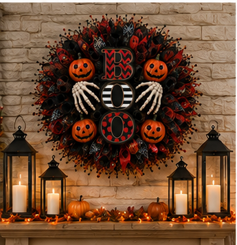 A Halloween wreath with a black and red patterned base, orange jack-o'-lanterns, white skeletal hands, and a central 'BOO' design, displayed on a brick wall above a mantel with lit lanterns and pumpkins.