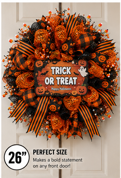 Premium handmade Halloween wreath creating a welcoming Trick or Treat entrance for the fall season.